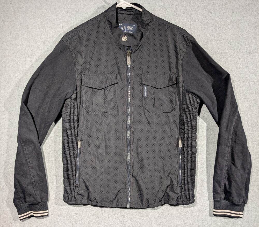 Armani Jeans Bomber Jacket Mens Size Medium Black Full Zip Ribbed Mesh Varsity